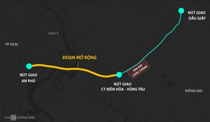 Đoạn cao tốc TP HCM - Long Thành dài 21 km cần được mở rộng. Đồ họa: Thanh Huyền