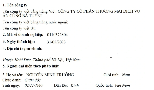 Công ty cổ phần thương mại dịch vụ Ăn Cùng Bà Tuyết được thành lập từ tháng 5/2023 (Ảnh: Chụp màn hình).