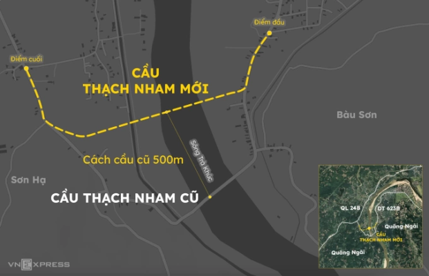 Vị trí xây dựng cầu Thạch Nham mới. Đồ hoạ: Hoàng Thanh
